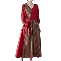 Women's Retro Cotton Linen Dress Casual Short Sleeve Crew Neck Midi Dress with Pockets