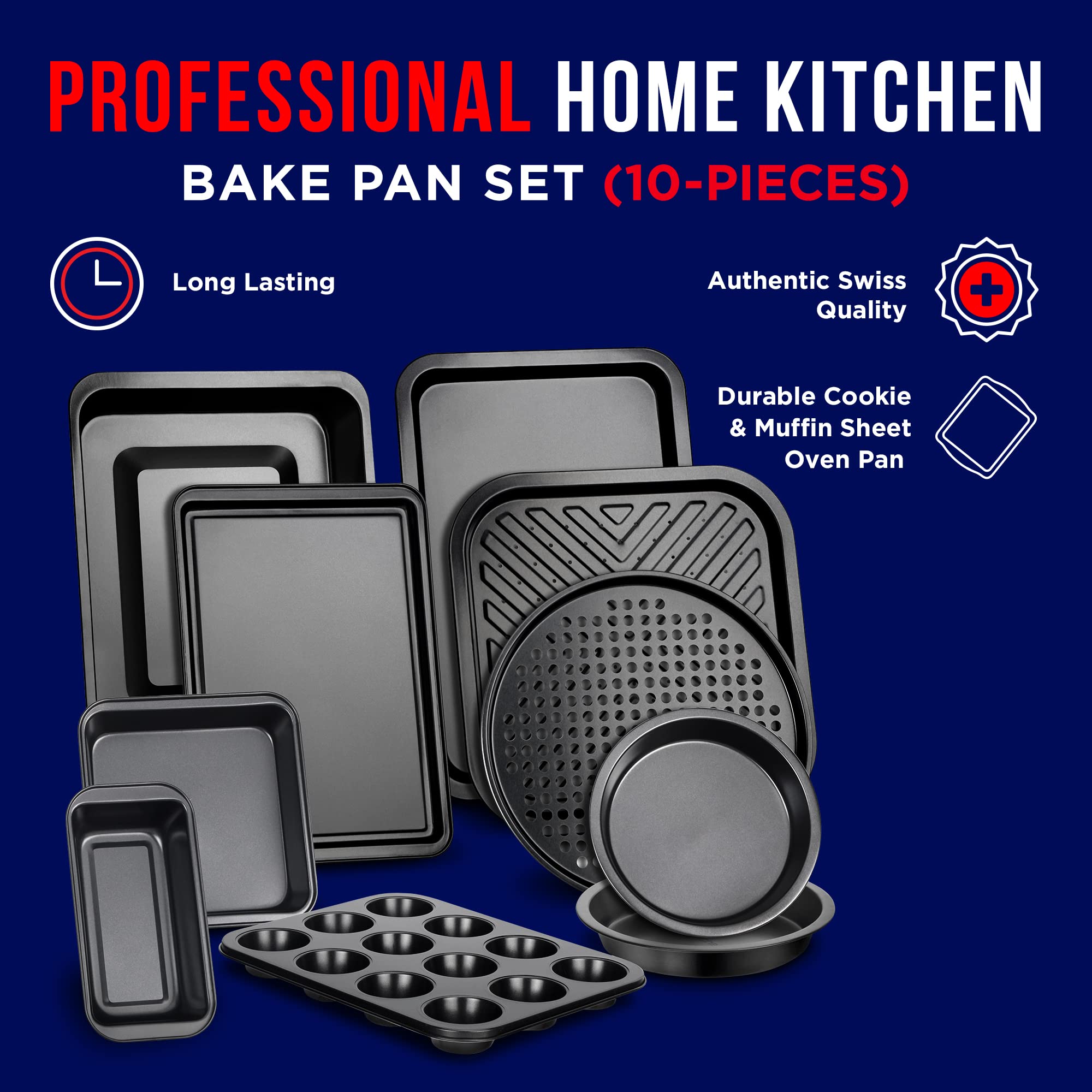 Baking Set – 10 Piece – Deluxe Non Stick Black Coating Inside and Outside – Carbon Steel Bakeware Set – PFOA PFOS and PTFE Free by Bakken