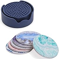 Blue Coaster Set & Ceramic Coasters Bundle - 6 Pack Navy Coasters in Holder Plus 6 Absorbent Agate Style Cup Mats with Cork Backing