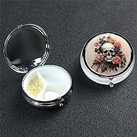 Ancient Skull and Flowers Print Pill Box Round Pill Case 3 Compartment Mini Medicine Storage Box for Vitamins Portable Pill Organizer Metal Travel Pillbox Pill Container for Pocket Purse Office
