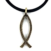 Jesus Fish Ichthus Pewter Antique Brass Metal Finish Black Cord Necklace