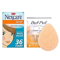 Buf-Puf Regular Facial Sponge, Removes Deep Down Dirt & Makeup That Causes Breakouts and Blackheads, Reusable, Exfoliating, White (1 Count) + Nexcare Acne Absorbing Patch (36 Count)