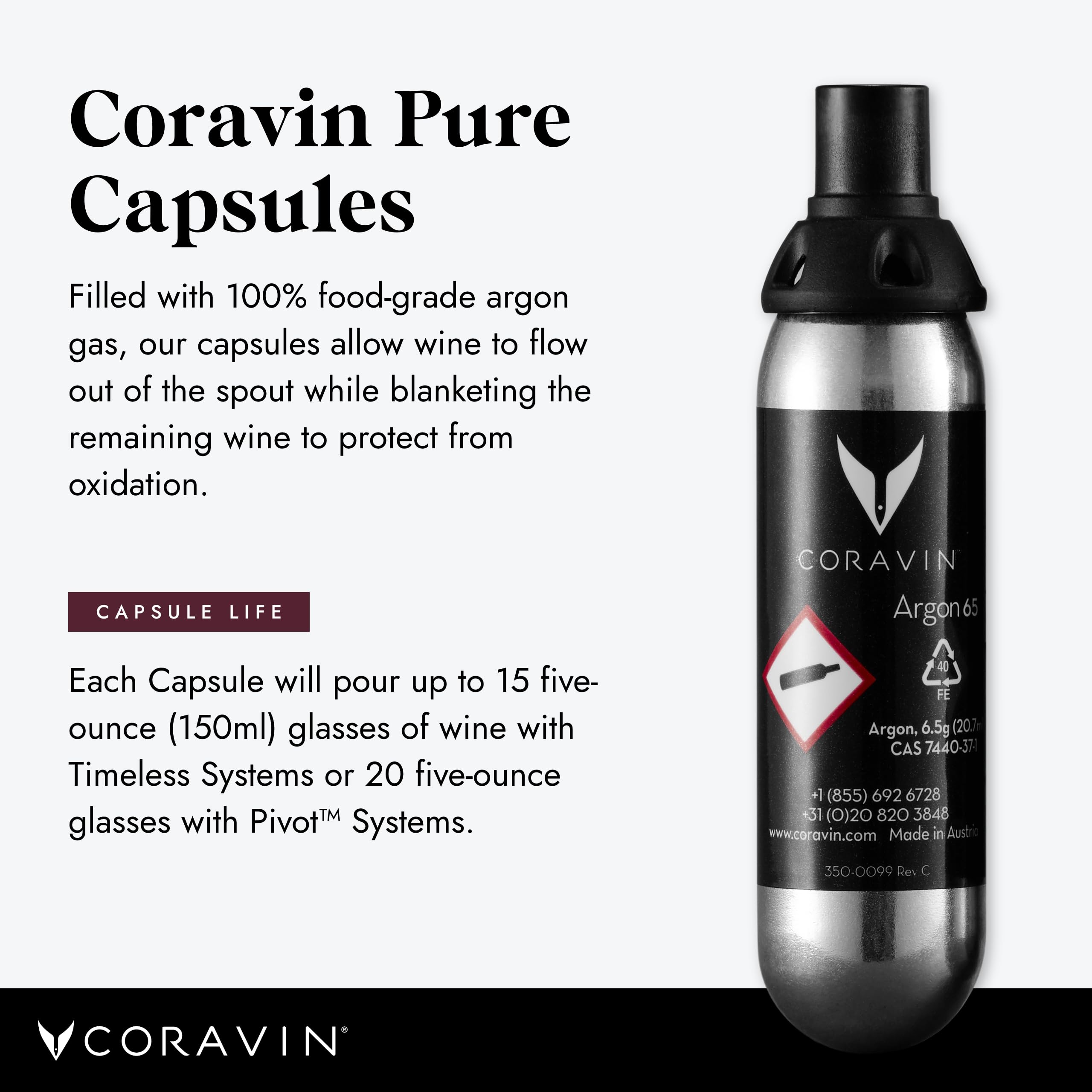 Coravin Pure Argon Capsules - 6 Pack - Preserve Wine for Years - For Coravin Timeless and Pivot Preservation System - Wine Gas Cartridges - For Red Wines, White Wines & More - Coravin Gas Capsules