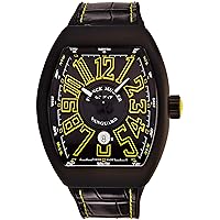 Vanguard Mens Stainless Steel Automatic Watch - Tonneau Black Face with Luminous Hands, Date and Sapphire Crystal - Black Leather/Rubber Strap Swiss Made Watch V 45 SC BLK BLK YEL