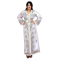 Moroccan Two Layers Caftan Women Handmade Embroidery Small To Large White Complimentary Belt