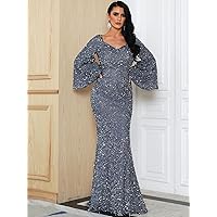 Sweetheart Neck Trumpet Sleeve Floor Length Sequins Prom Dress (Color : Dusty Blue, Size : X-Large)