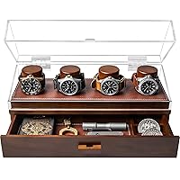 Elevate Your Watch Collection with The Watch Deck Pro – Premium Watch Display Case for 4 Watches – Easy Access, Drawer & Leather Lining – Wooden Mens Watch Box & Watch Case – Lifetime Assurance