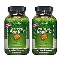 Irwin Naturals One-Per-Day Mega B-12 1,500mcg High Potency Methylcobalamin Vitamin - Fast Enhanced Absorption with MCT + Asian Ginseng - Natural Energy Boost - 60 Liquid Softgels (Pack of 2)