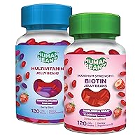 Jelly Bean Gummy Vitamins Bundle, Biotin Extra Strength, 5000mcg, Strawberry Blast + Multivitamin with Zinc, Berry Blast, for Men and Women, 120 Gummies Each, Kosher