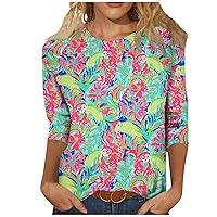 Summer Outfits for Women 2024 Trendy Elegant Flower 3/4 Sleeve T Shirts Casual White Plus Size Printed Tops