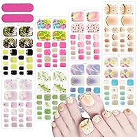 8 Sheets Flower Toe Nail Stickers Glitter Full Wraps Toenails Polish Stickers Self Adhesive Toe Stickers Supply Spring Floral Toenail Polish Strips for Women Nail Wraps with Nail File