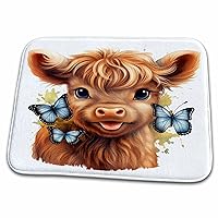 3dRose Cute Highland Cow With Blue Butterflies Illustration - Dish Drying Mats (ddm-383684-1)