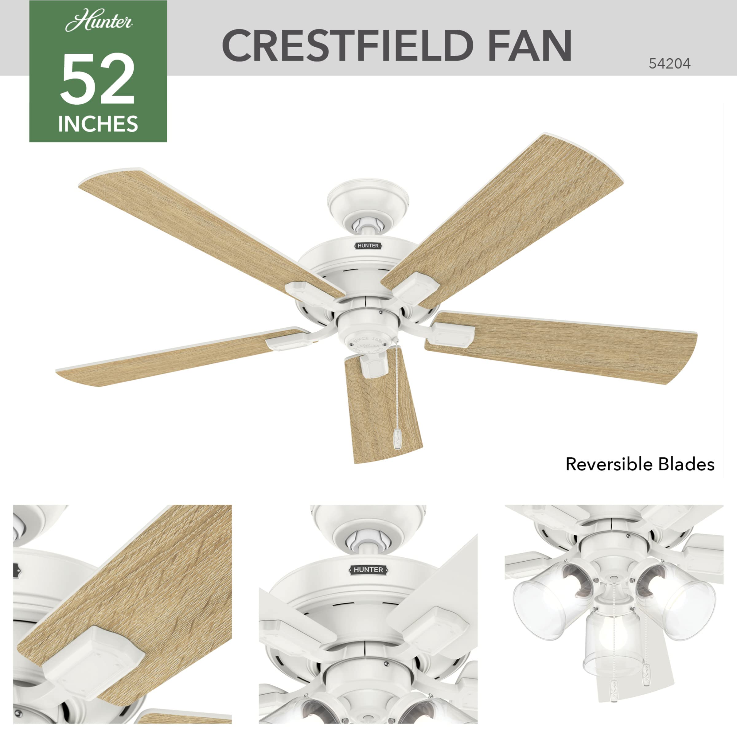 Hunter Fan Company, 54204, 52 inch Crestfield Fresh White Ceiling Fan with LED Light Kit and Pull Chain
