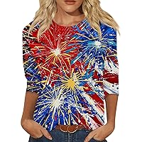 Womens Summer Tops Patriotic Fourth of July Shirts Trendy 3/4 Sleeve Tops Crew Neck Flag Graphic Tees Loose Fit Blouses