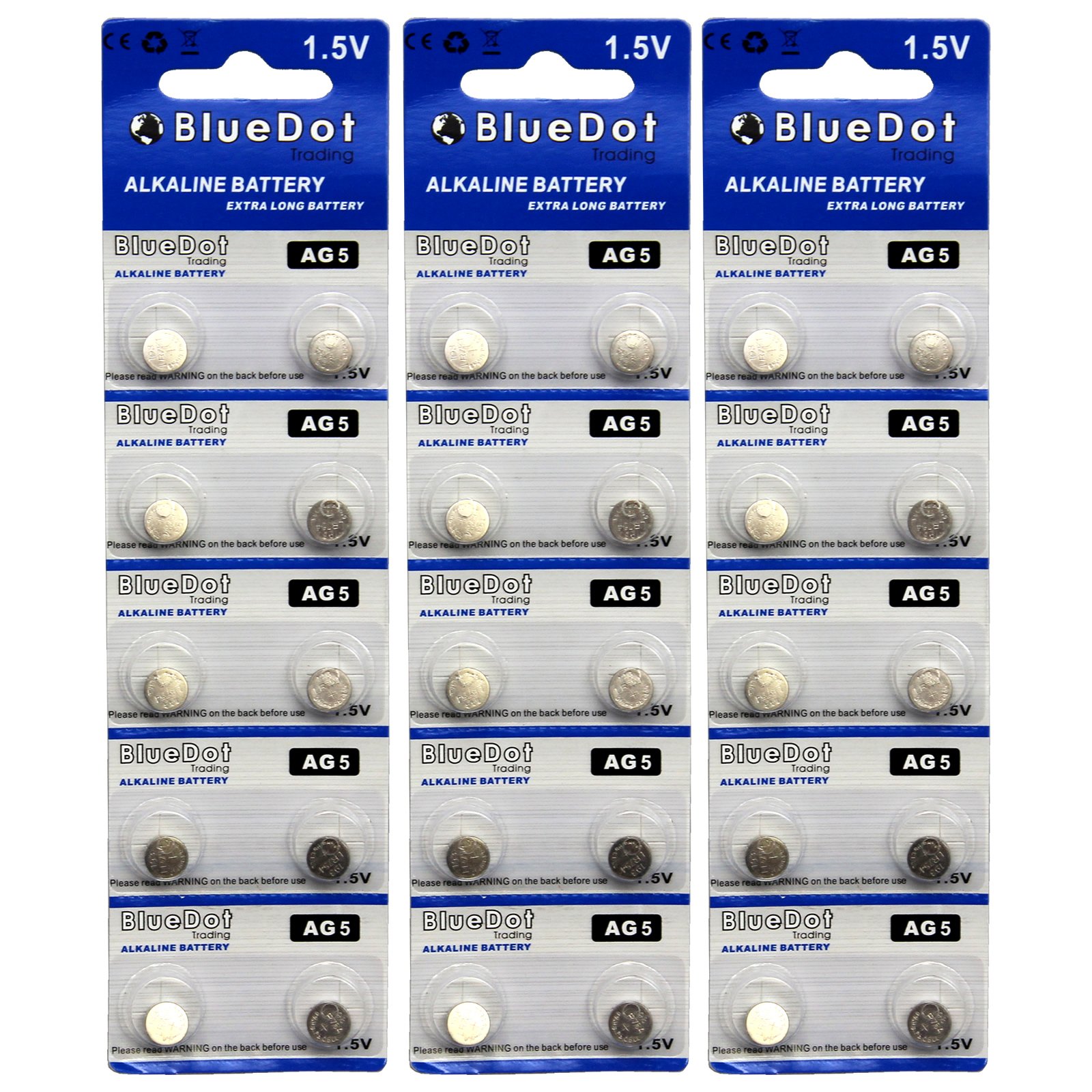 BlueDot Trading AG5 Batteries 1.5V Alkaline AG5 LR754 754 LR48 193 Button Cell Hearing Aid, Watch Batteries, and Other Electronic Products, Quantity 30 Count (3 Packs of 10)