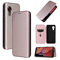 for Samsung Galaxy Xcover 5 Flip Case,Carbon Fiber PU + TPU Hybrid Case Shockproof Wallet Case Cover with Strap,Kickstand Pink