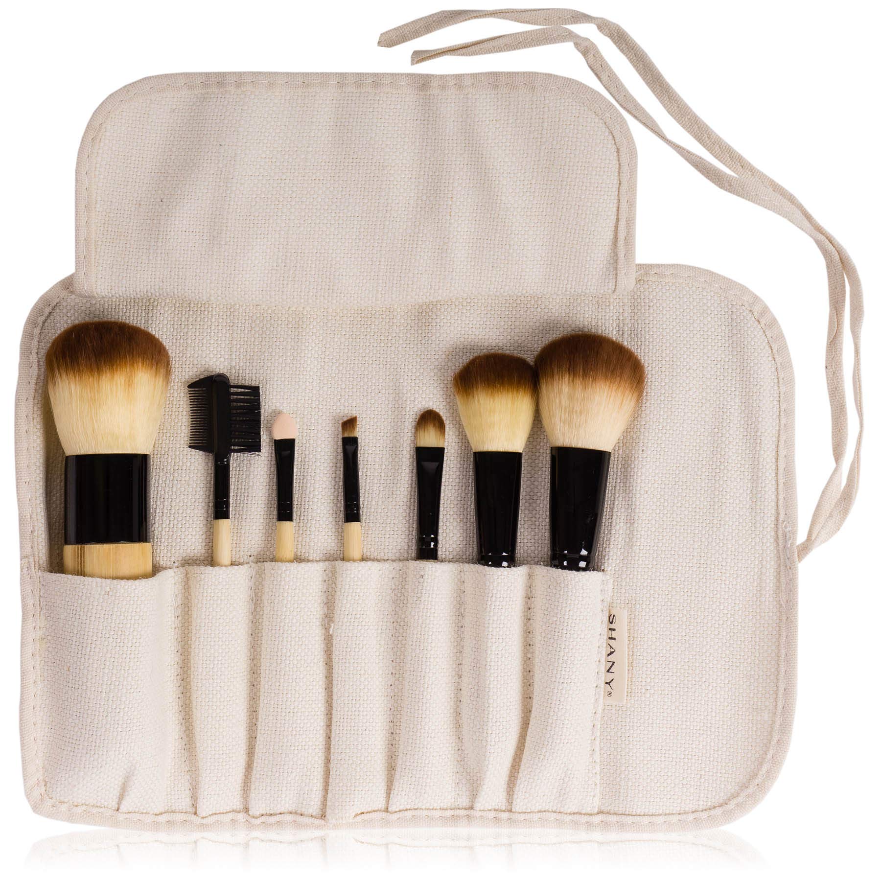 SHANY Bamboo Makeup Brush Set - Vegan Brushes With Premium Synthetic Hair & Cotton Pouch - 7pc