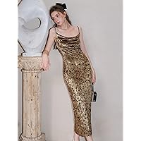 Womens Fall Fashion 2022 Allover Print Draped Front Velvet Cami Dress (Color : Brown, Size : Small)
