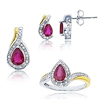 14K Yellow Gold & Sterling Silver Rhodium Round Cubic Zirconia & Pear Shape Ruby Ring/Ear/ 18