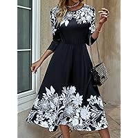 Dresses for Women Floral Print -line Dress (Color : Black, Size : Small)