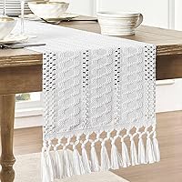 Macrame Style Boho Table Runner, White Table Runners 90 Inches Long, Farmhouse Woven Home Decor, 12x90 Inch, White