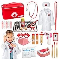 Doctor Kit for Kids, 34 Pcs Pretend Playset kit for Toddlers 3-5, with Doctor Costume, Real Stethoscope & Other Accessories, Dentist Kit for Kids, Toys for Boys and Girls Fun Role Playing Game