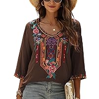 LauraKlein Women's Summer Boho Embroidery Mexican Bohemian Tops V Neck 3/4 Sleeve Causal Loose Shirt Blouse Tunic