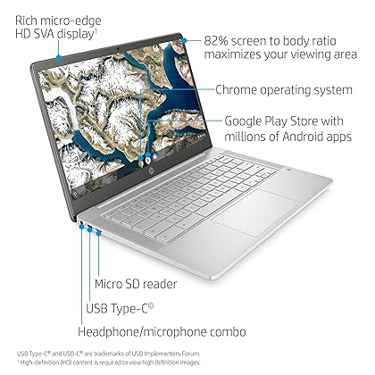 HP Chromebook 14-inch HD Laptop, Intel Celeron N4000, 4 GB RAM, 32 GB eMMC, Chrome (14a-na0020nr, Ceramic White)