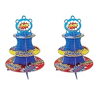 Beistle 2 Piece Hero Party Supplies Durable Cupcake Stands And Dessert Holders – Comic Book Theme Birthday Party Centerpiece, Multicolored, 16