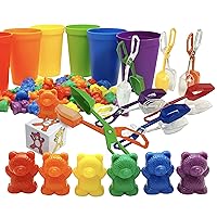 Skoolzy Color Sorting Bears, Matching Cups & Rainbow Fine Motor Tongs with Dice - 76pc - Preschool Learning Toys for 3 Year Olds +
