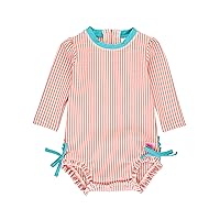 RuffleButts Baby/Toddler Girls Seersucker Long Sleeve One Piece Rash Guard Swimsuit with UPF 50+ Sun Protection