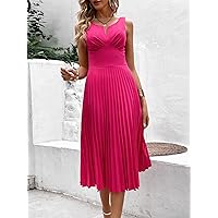 Fall Dresses for Women 2023 Pleated Hem Zip Back -Line Dress Dresses for Women (Color : Hot Pink, Size : Small)