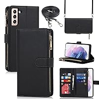 Jaorty Samsung Galaxy S21 5G Wallet Case,[9 Card Slots] Removable Adjustable Crossbody Necklace Lanyard Shoulder Strap Zipper Magnetic Leather Case for Samsung Galaxy S21 5G,6.2 inch Black