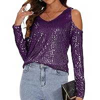 Womens Sparkly Sequin Top V Neck Cold Shoulder Glitter Long Sleeve Dressy Party Blouse Shirts