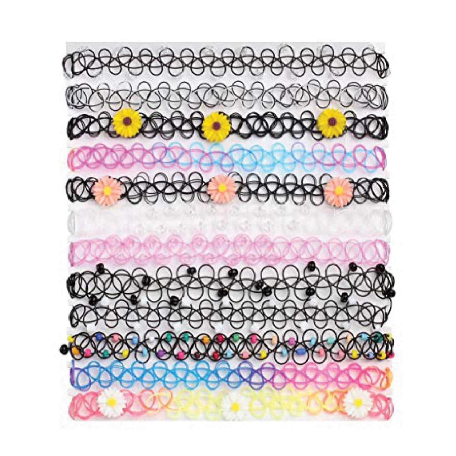 BodyJ4You 24PC Tattoo Choker Necklace Set - 90s Accessories Women Teen Girls Kids - Flower Charms Rainbow Multicolor Stretchy Jewelry - Summer Style Gift Idea