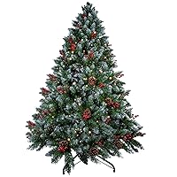 AGM Christmas Tree 6ft Artificial Pine Tree with Foldable Metal Stand, Pine Cone and Red Fruit, 6 Feet Tall Copper Wire Lamp 15M 300 Lamp Flocked Snow Trees for Holiday Christmas Decoration