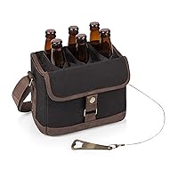 PICNIC TIME Beer Caddy with Beer Bottle Opener, 6-Pack Drink Caddy, Beer Cooler Tote, Beer Gifts for Men, (Black with Brown Accents)
