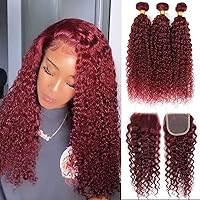 Water Wave Bundles With Closure Human Hair (22 24 26+20) 12A Grade 99j Burgundy 3 Bundles With Lace Closure Brazilian Virgin Wet and Wavy Hair Colored Ocean Wave Hair Extensions For 70g/Bundle