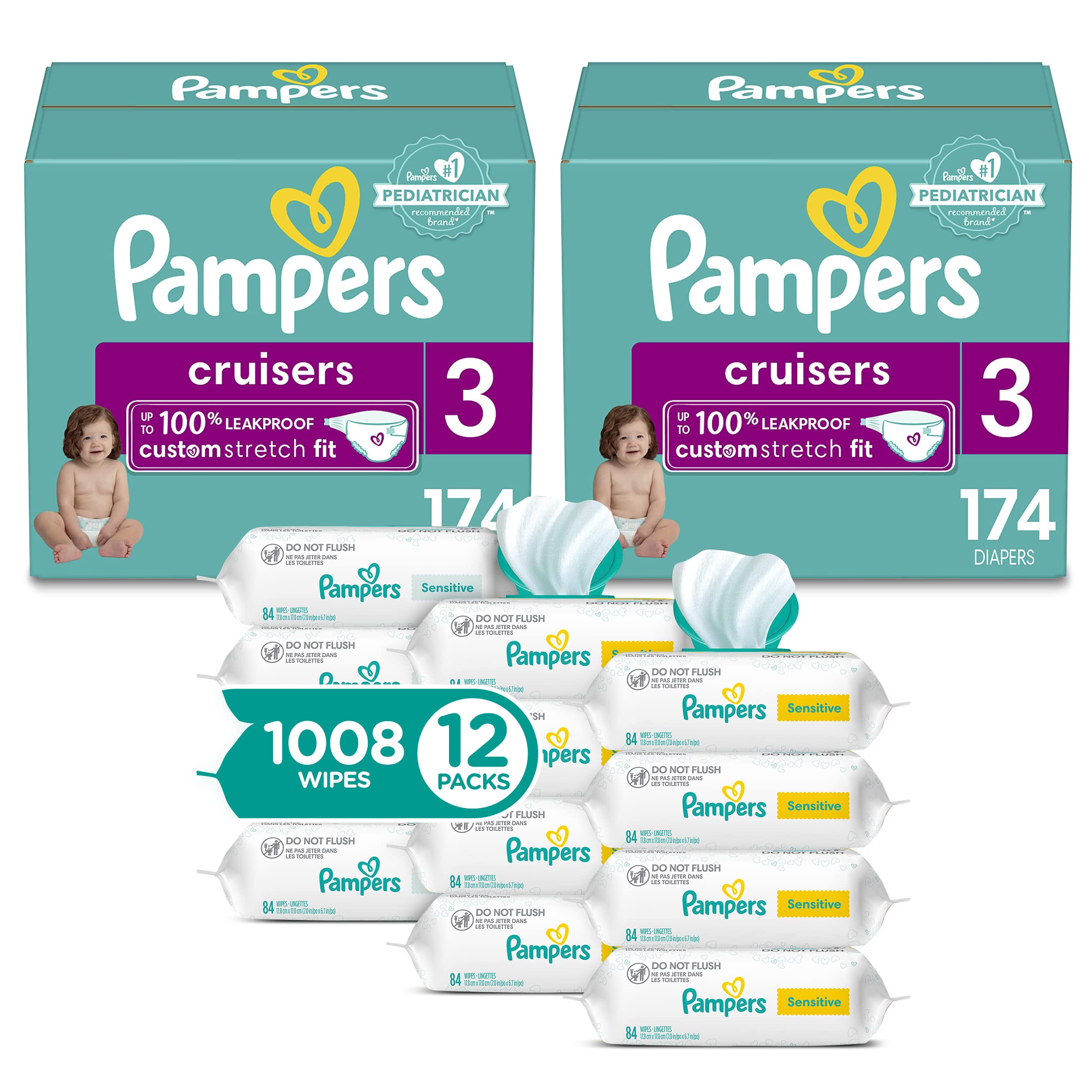 Pampers Cruisers Disposable Baby Diapers Size 3, 2 Month Supply (2 x 174 Count) with Sensitive Water Based Baby Wipes 12X Multi Pack Pop-Top and Refill (1008 Count)