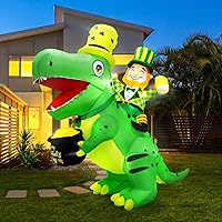 6Ft St.Patrick's Day Inflatable Outdoor Decor Adorable Dinosaur in Lucky Shamrocks Hat with LED Lights for Festive Decorations in Yard,Garden,Lawn,Home,and Indoor Parties