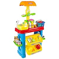 Hey! Play! Kids Grocery Store Selling Stand– Supermarket Playset with Toy Cash Register, Scanner, Money, Shopping Basket and 28 Pieces of Food Brown/a