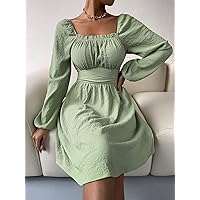 Women's Dress Dresses for Women Tweed Frill Trim Knot Back Dress (Color : Mint Green, Size : Medium)