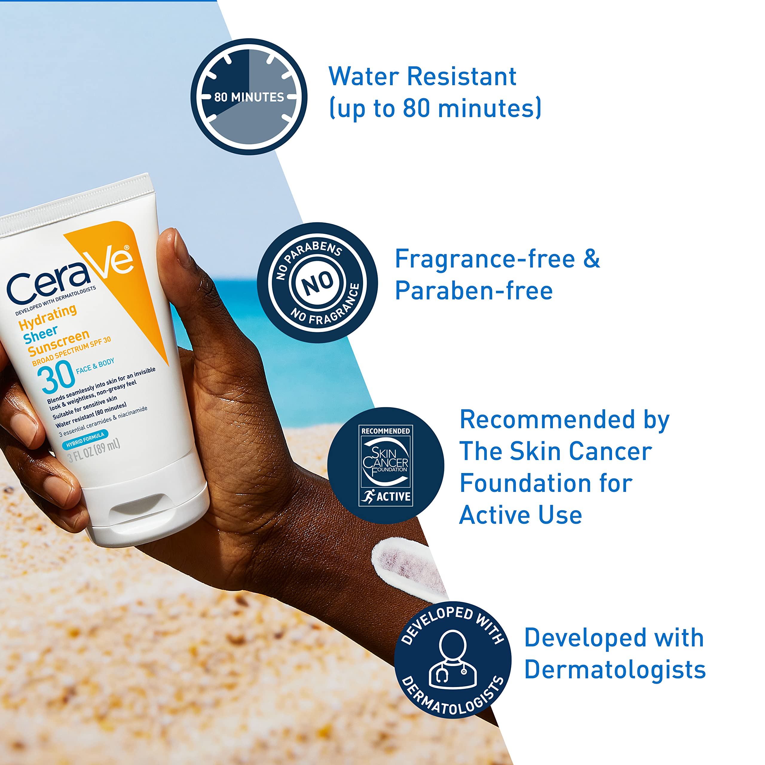 CeraVe Hydrating Sheer Sunscreen SPF 30 for Face and Body | Mineral Sunscreen & Chemical Sunscreen with Zinc Oxide, Hyaluronic Acid, Niacinamides and Ceramides| Paraben Free Fragrance Free | 3 Ounces