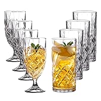 Royalty Art Kinsley Tall Highball Glasses and Long-Stem Tumbler sets of 8,Textured Designer Glassware for Drinking Water, Beer, or Soda, Trendy and Elegant Dishware, Dishwasher Safe