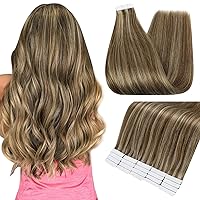 Tape In Hair Extensions Human Hair Color 4 Medium Brown Highlight with 27 Honey Blonde Hair Extensions Tape In 20Pcs 50G Hair Extensions Real Human Hair Natural Straight Hair Extensions.