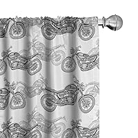 Ambesonne Motorcycle Window Curtains, Realistic Grayscale Illustration of Classic Motorcycles Many Details, Lightweight Decor 2-Panel Set with Rod Pocket, Pair of - 28