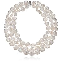 Amazon Collection Sterling Silver 3-rows 11-11.5mm White Semi-coin Freshwater Cultured Pearl Strand, 16