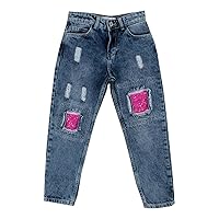 Kids Girls Skinny Soft Stretch Jeans Pants Denim Ripped Sequin Patches with Pure Egyptian Cotton