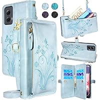 Lacass for Motorola Moto G Power 5G 2024 Case Wallet, [Cards Theft Scan Protection] Card Holder Zipper Leather Flip Cover Crossbody Wrist Strap with Stand(Floral Sky Blue)