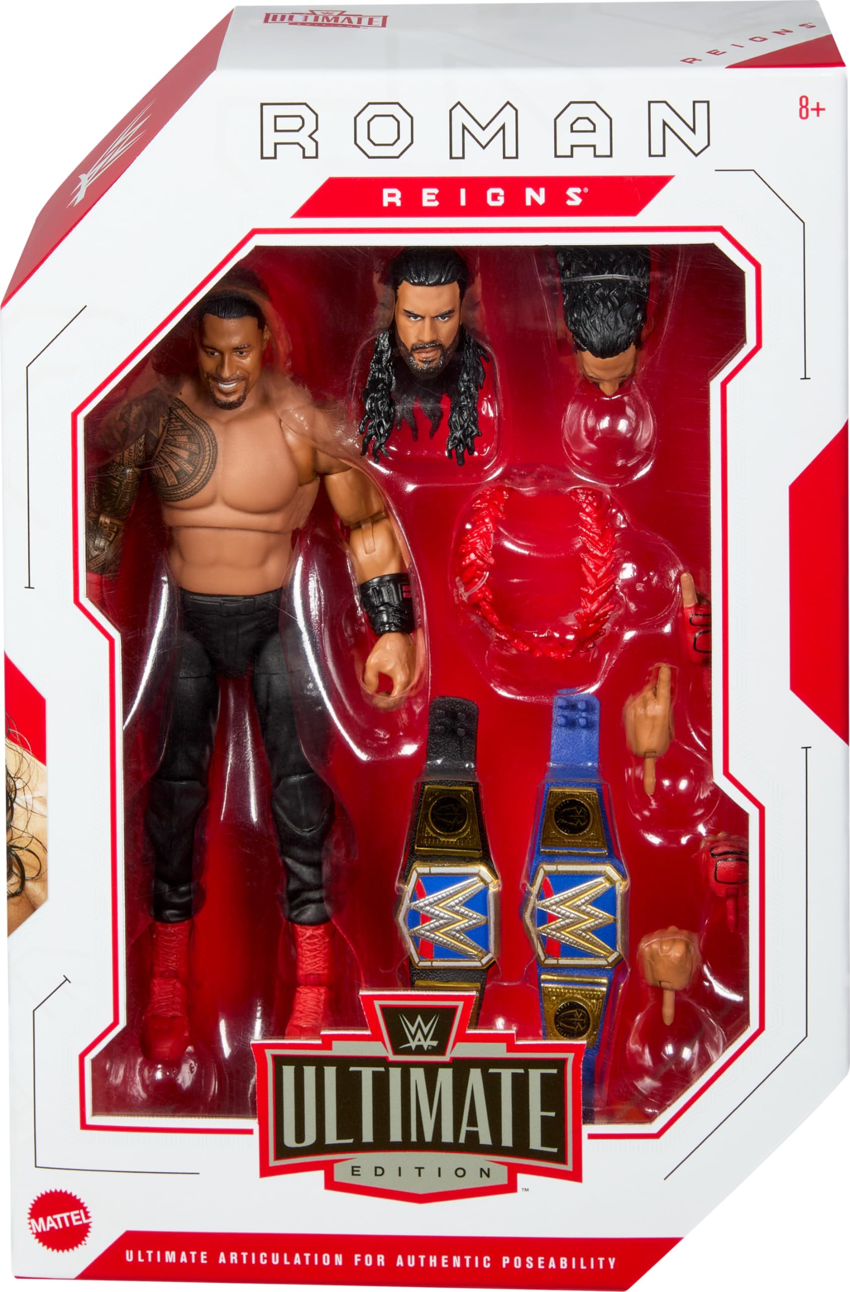 Mattel WWE Ultimate Edition Action Figure & Accessories, 6-inch Roman Reigns Collectible Set, Swappable Heads & Hands, Entrance Gear & 30 Articulation Points